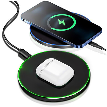 QI bezdrátová indukční nabíječka 15W rychlá LED Alogy kulatá pro iPhone USB-C kabel Černá