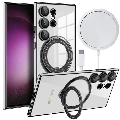 Hülle für Samsung Galaxy S24 Ultra Magnetische Hülle Ring Mag Safe Klarer Halter Magnet Alogy Schwarz Transparent Qi Ladegerät