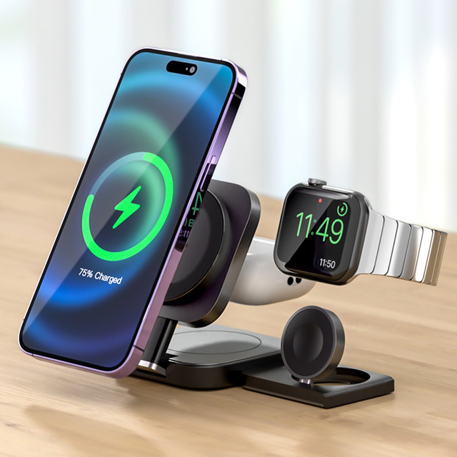 Qi Mag Safe 15W indukční nabíječka pro iPhone Apple Watch AirPods bezdrátová dokovací stanice 3v1 černá