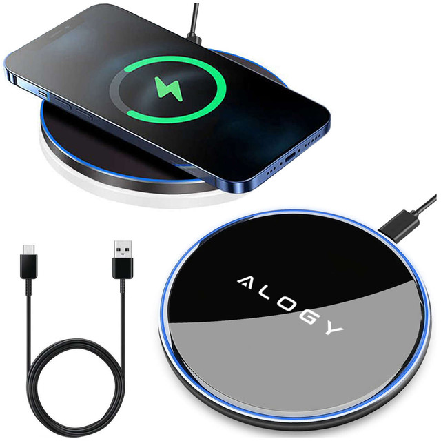 QI bezdrátová indukční nabíječka 15W rychlá LED Alogy kulatá pro iPhone USB-C kabel Černá