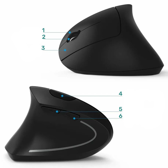 Bezdrátová vertikální herní myš vertikální ergonomická pro notebook PC pravák tichá Černá