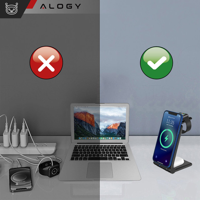 Ładowarka Bezprzewodowa Indukcyjna 3w1 Qi 15W do iPhone, Apple Watch, AirPods stacja ładowania stojak Alogy czarna