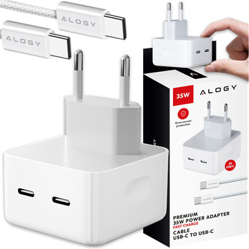 Rychlá 35W nástěnná nabíječka 2x USB-C USB typ C PD pro iPhone kabel typu C 1m Alogy White