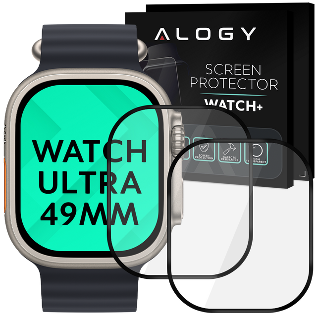 2x Flexibles Glas 3D Alogy Displayschutzfolie Pro für Apple Watch Ultra 49mm Schwarz
