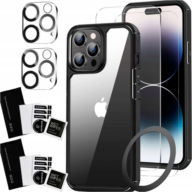 Case for iPhone 15 Pro Housing Case 2x screen glass and 2x lens Ring armored Alogy 360 Hybrid Set 6in1 black and transparent