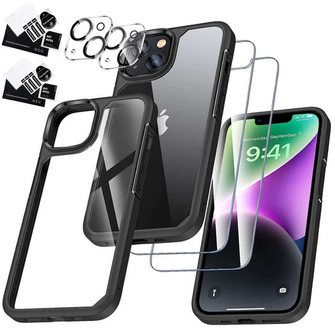 Case for iPhone 14 Plus set of 4 glasses 5in1 armored 360 Alogy Hybrid 2x screen glass 2x lens black-transparent
