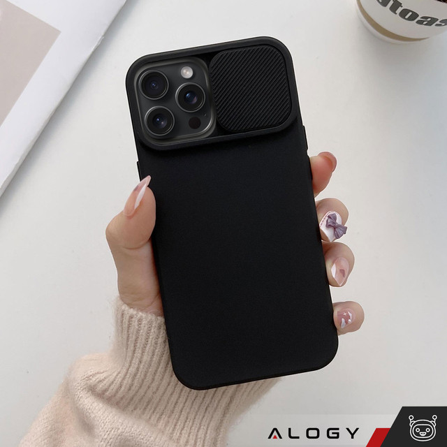 Pouzdro pro iPhone 15 Pro Max Slide Case s ochranou objektivu Pouzdro fotoaparátu Matte Black Alogy Soft Matt Glass