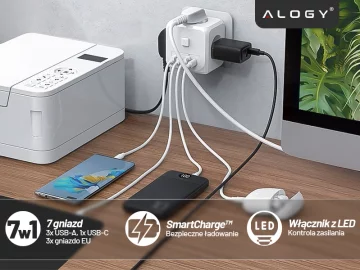 Síťový splitter splitter Adaptér nabíječky zloděj 3 zásuvky EU 3x USB USB-C C 7v1 Alogy Bílá