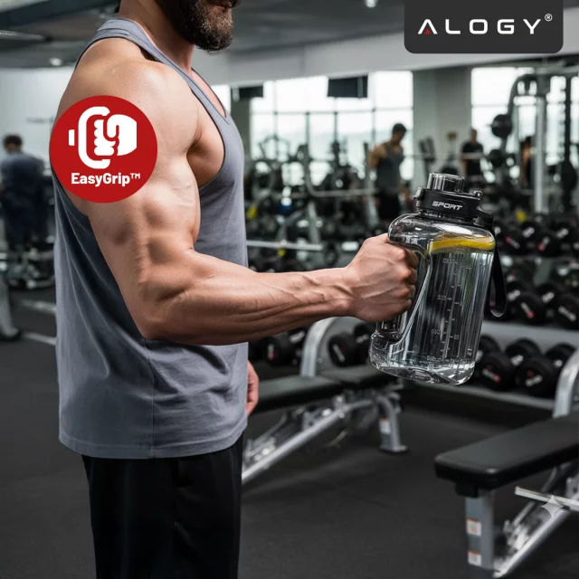 Duża Butelka Motywacyjna na Wodę 1.7L Bidon Sportowy z Miarką, Uchwytem i Pokrywką 2w1 (Dzióbek + Słomka), Wygodna i Szczelna, Alogy Sport 1700ml – Czarna