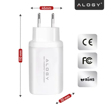 Alogy GaNCharge Kompaktes 3-in-1-Wandladegerät, schnelles Laden, GaN3, 65 W, USB-A, 30 W, 2 x USB-C, 65 W, Weiß