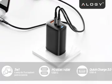 Alogy GaNCarge Kompaktní nástěnná nabíječka 3v1 rychlé nabíjení GaN3 65W USB-A 30W 2x USB-C 65W černá