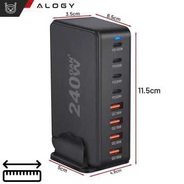 Ładowarka sieciowa 8w1 Ultra Szybka 240W GaN3 4x USB-C 4x USB Alogy Fast Charger Czarna