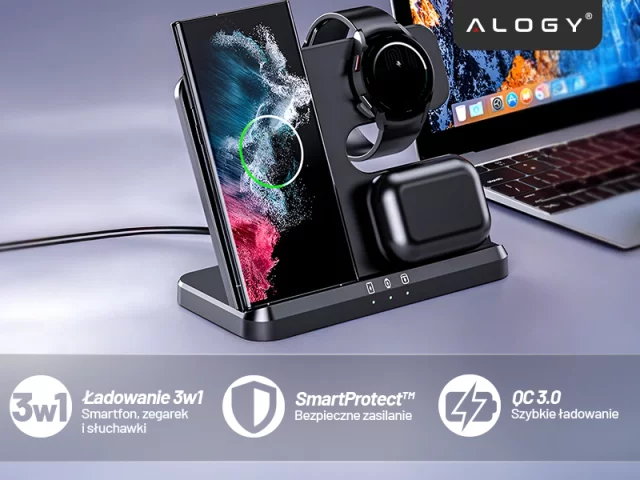 Wireless Inductive Charger 3in1 Qi 3.0 Fast for Samsung S22 S23 S24 Galaxy Watch Buds Station black