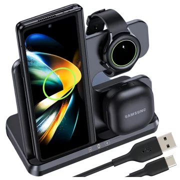 Kabelloses induktives Ladegerät 3in1 Qi 3.0 Fast für Samsung S22 S23 S24 Galaxy Watch Buds Station schwarz
