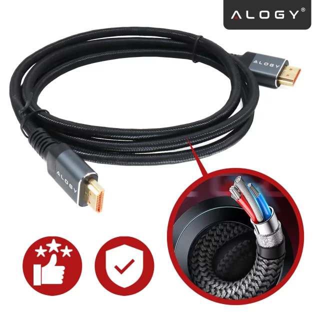 Kabel HDMI 2.1 10 m, 4K/8K Alogy Ultra High Speed™ 48 Gbps 60Hz, Premium z Pozłacanymi Końcówkami, Nylonowy Oplot, Miedziany – Czarny