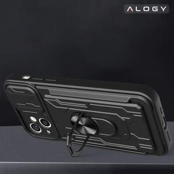 Alogy Camshield Stand Ring Wallet Case with Camera Protector and Card Slot for Apple iPhone 14 Plus Black Glass
