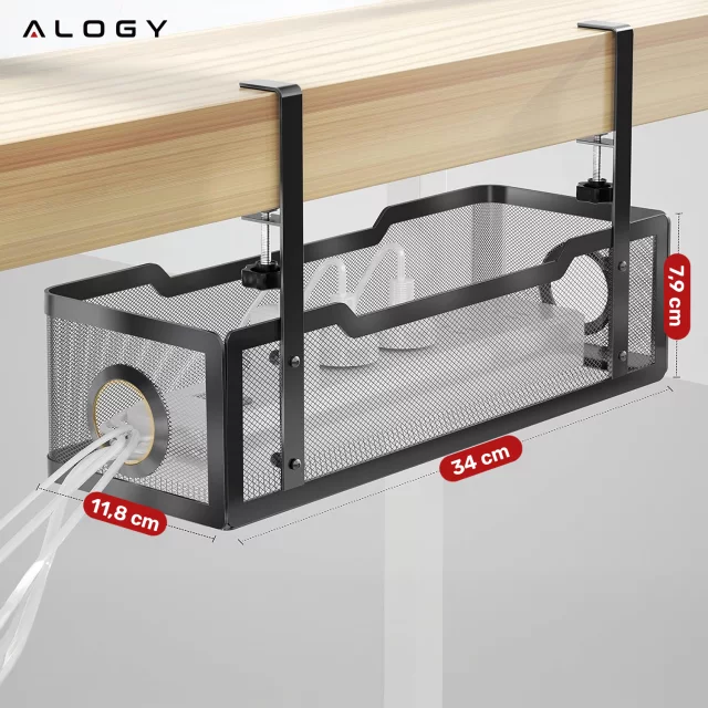 Organizer kabli pod blat półka na kable listwe przewody blat biurko biurkowy metalowy Alogy 34cm Czarny