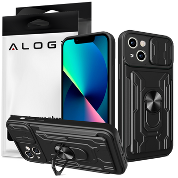 Alogy Camshield Stand Ring Wallet Case with Camera Protector and Card Slot for Apple iPhone 14 Plus Black Glass