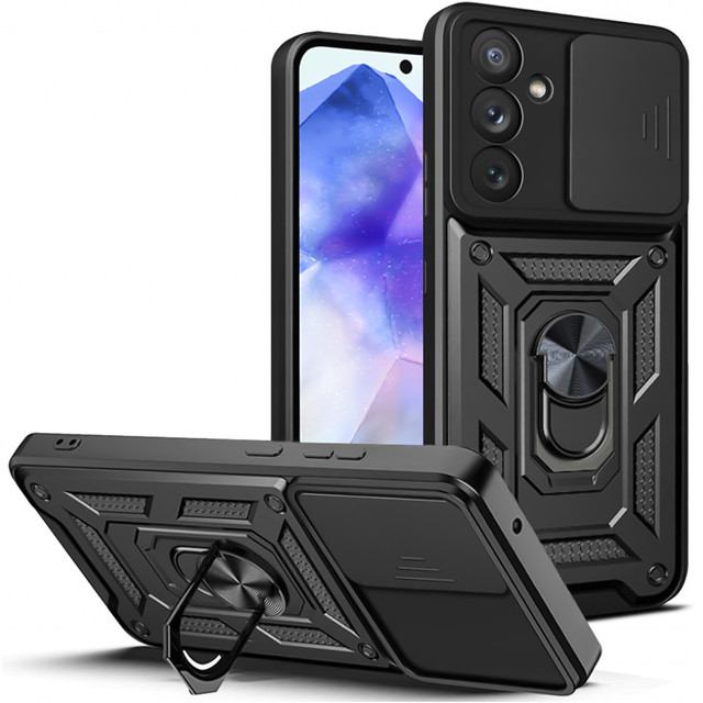 Etui do Samsung Galaxy A55 5G pancerne Slide Case Ring obudowa ochrona aparatu Camshield Alogy czarne + Szkło