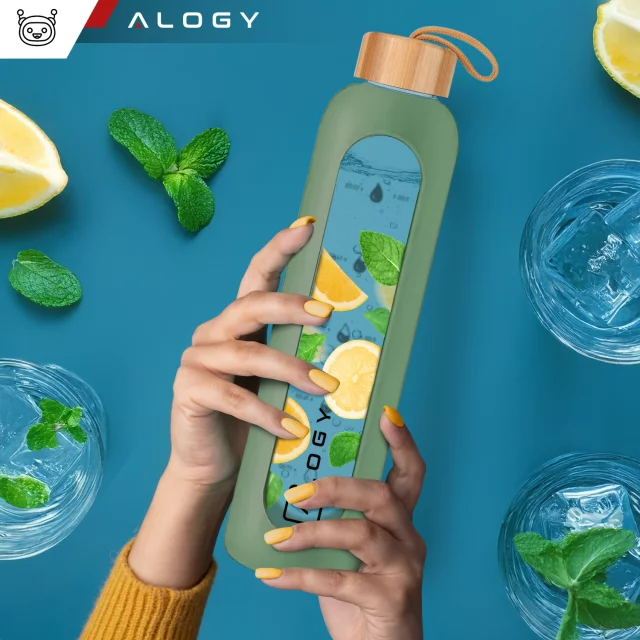 Alogy Large Glass Bottle Drinking Bottle Motivational Measuring Cup 1l 1000ml Silicone Case Olive