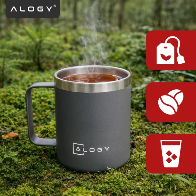 Kubek termiczny 420ml z uchwytem pokrywką na kawę herbatę stalowy zimne i ciepłe napoje Alogy Szary