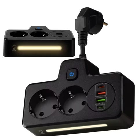 Alogy Plug Extender Socket Splitter Adapter Extension Cord 2x EU Plug 2x USB 2x USB-C Black