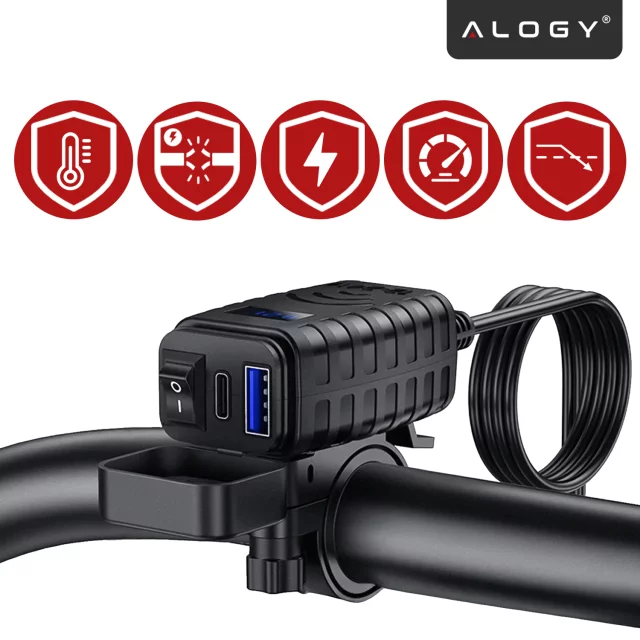 Motocyklová nabíječka Alogy MotoCharge Pro™ s displejem, rychlé nabíjení 36 W PD QC 3.0, porty USB-A a USB-C, vodotěsná a odolná, černá