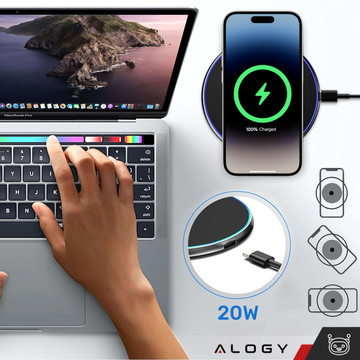 Ładowarka indukcyjna QI bezprzewodowa 20W szybka LED Alogy okrągła mocna + kabel USB-C Czarna