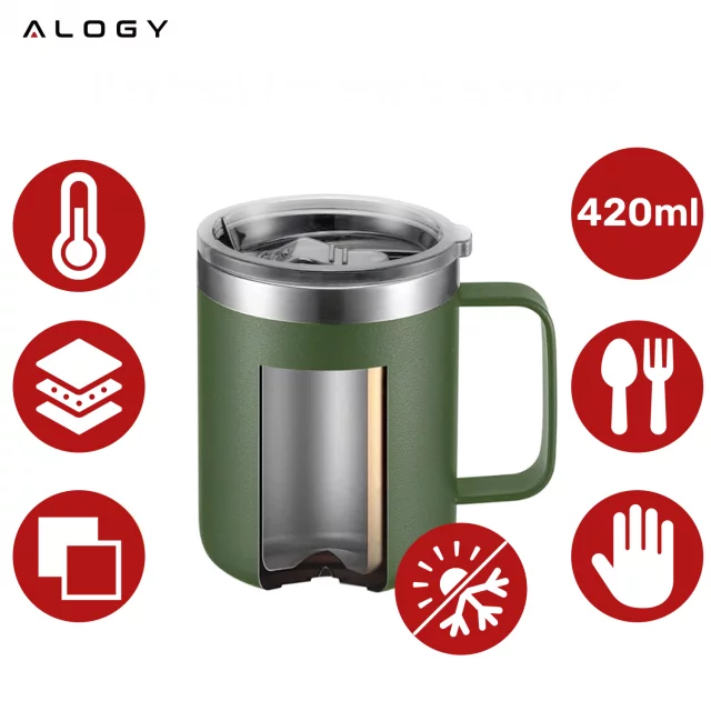 Thermal mug 420 ml with handle and lid for coffee, tea, steel, cold and hot drinks Alogy Green