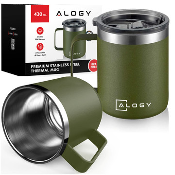 Thermal mug 420 ml with handle and lid for coffee, tea, steel, cold and hot drinks Alogy Green