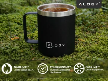 Thermal mug 420 ml with a handle and lid for coffee, tea, steel, cold and hot drinks, Alogy Black