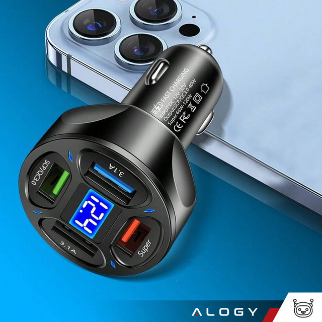 Car charger 4x USB QC 3.0 66W fast powerful for Alogy Car phone black