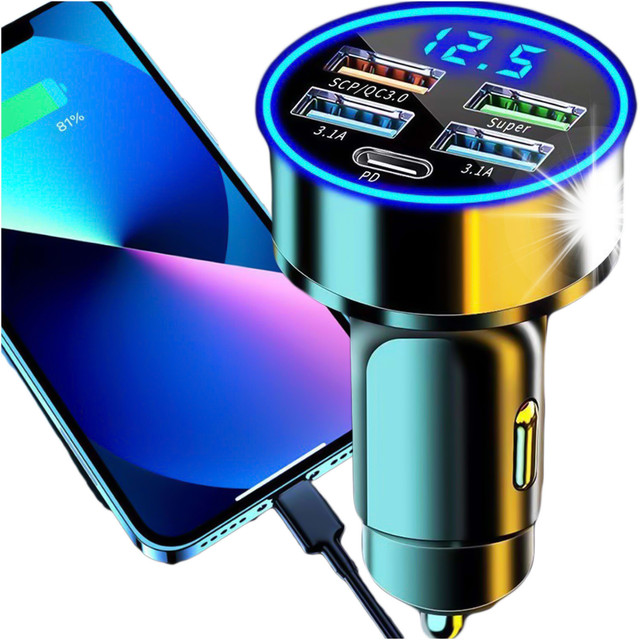 Car charger 4x USB QC 3.0 USB C PD 20W LED fast powerful 250W for Alogy Car phone black