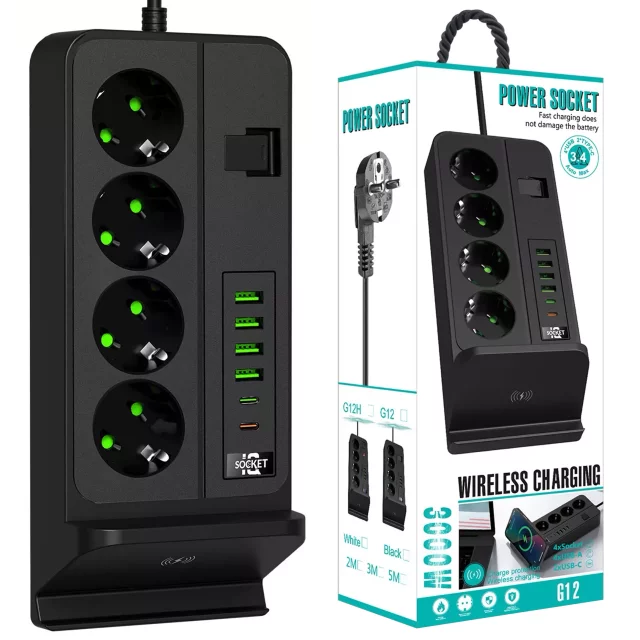 Rozgałęźnik gniazdka Alogy Plug Extender rozdzielacz adapter przedłużacz 3m z ładowarką Qi indukcyjną 4x wtyczka EU + 4x USB + 2x USB-C Czarny