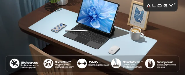 Podkładka na biurko 100×50 cm – antypoślizgowa mata ochronna z eleganckiej ekoskóry PU, pod mysz i klawiaturę, stylowa i trwała – Alogy WorkMat™ Niebieska