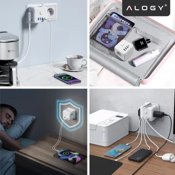 Síťový splitter splitter Adaptér nabíječky zloděj 3 zásuvky EU 3x USB USB-C C 7v1 Alogy Bílá