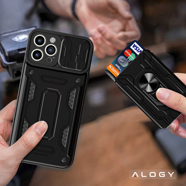 Alogy Camshield Stand Ring Wallet Case with Camera Cover and Card Slot for Apple iPhone 14 Pro Black Glass