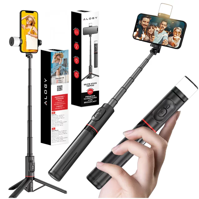 Selfie tyč Bluetooth stick Alogy Tripod Držák telefonu na stativ na fotografie s dálkovým ovládáním 75,8 cm černý