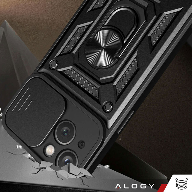 Armored case for iPhone 15 Plus Camshield Case Ring Alogy Stand with slide camera cover, black