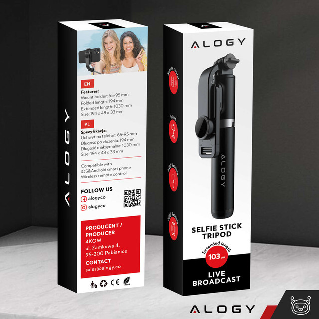 Alogy Selfie Stick Držák na telefon Foto stativ Stativ 103 cm Bluetooth dálkové ovládání černý