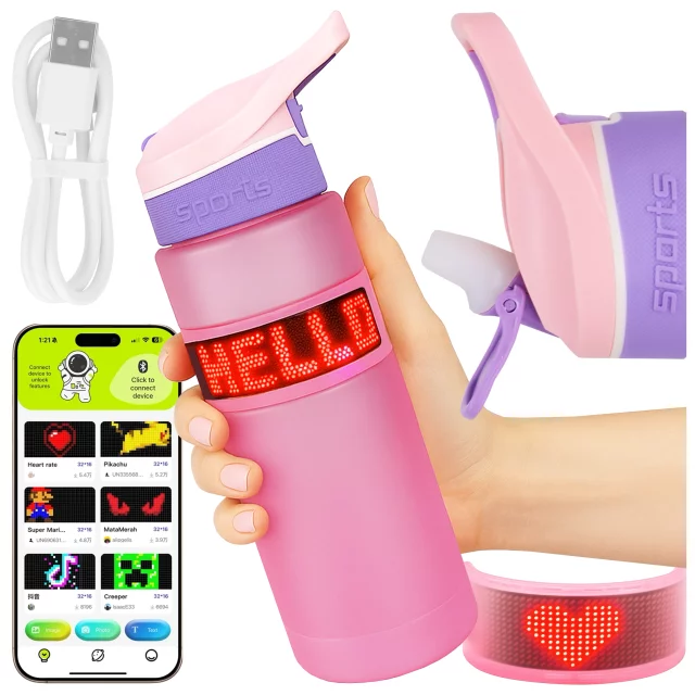 Butelka Bidon na Napoje LED, Inteligentna z Wyświetlaczem i Łącznością Bluetooth, Słomka, Motywacyjna, Wielokrotnego Użytku, Alogy FitBottle™ 800ml - Różowa
