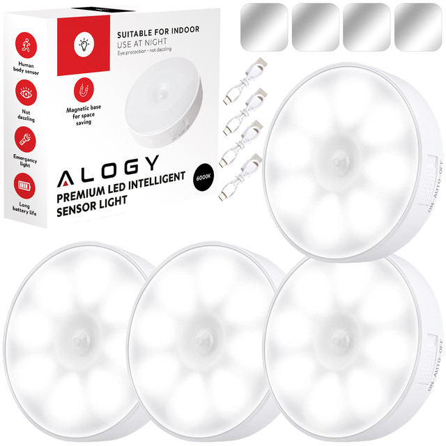 4x Lampe LED Bewegungsmelder Dämmerung Nachtlampe Alogy Sensor Light Kabellose Möbelbeleuchtung Weißes Licht 6000k