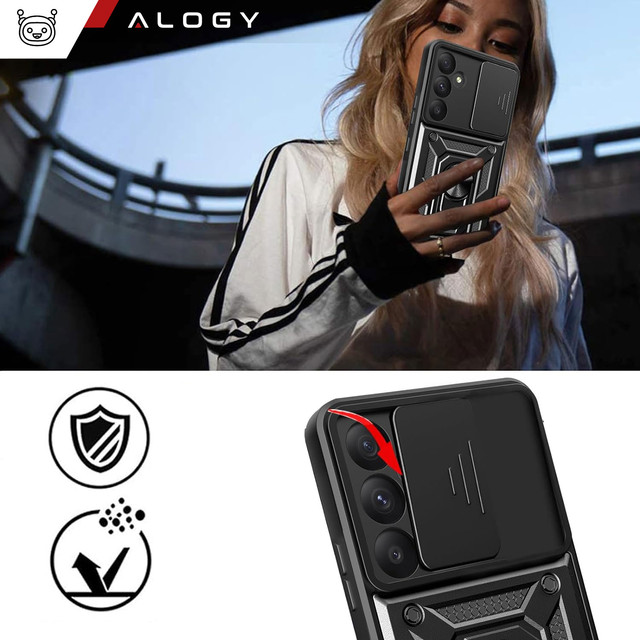 Hülle für Samsung Galaxy A55 5G Gepanzerte Schiebehülle Ringgehäuse Kameraschutz Camshield Alogy Schwarz