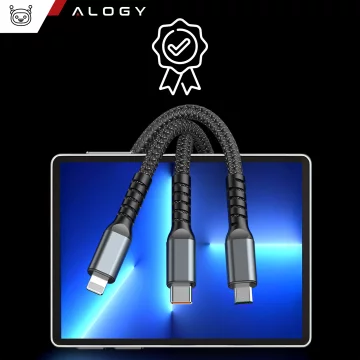 120cm Alogy 3in1 Fast Charging Charging Cable 100W USB to USB-C Micro Lightning Black
