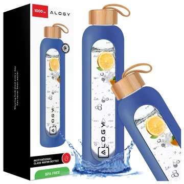 Alogy Large Glass Bottle Drinking Bottle Motivational Measuring Cup 1l 1000ml Silicone Case Blue