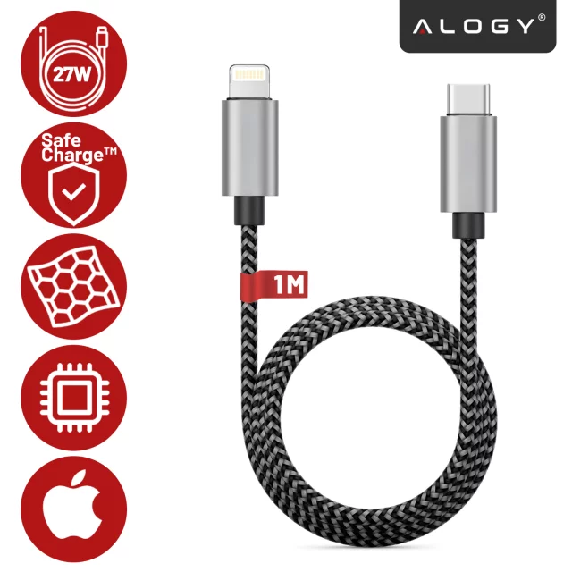 Kabel Zasilający USB-C do Lightning 27W 1m, Szybkie Ładowanie PD, Trwały i Elastyczny Przewód Kompatybilny z iPhone i iPad, Alogy MagiCharge™ – Czarny