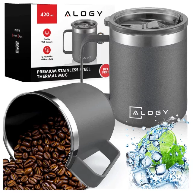 Thermo mug 420ml with handle lid for coffee tea steel cold and hot drinks Alogy Gray