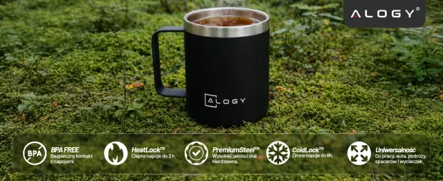 Thermobecher 420 ml mit Henkel und Deckel für Kaffee, Tee, Stahl, Kalt- und Heißgetränke, Alogy Black