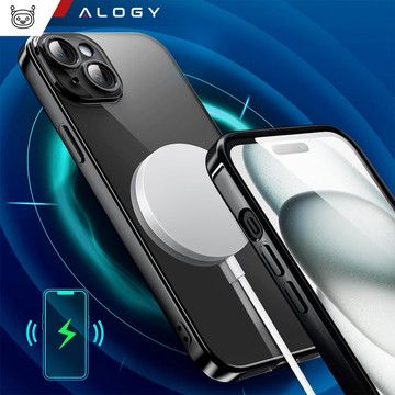 MagSafe Case for iPhone 15 Plus Glamor Luxury Cover Slim Ring Alogy Black Transparent Glass