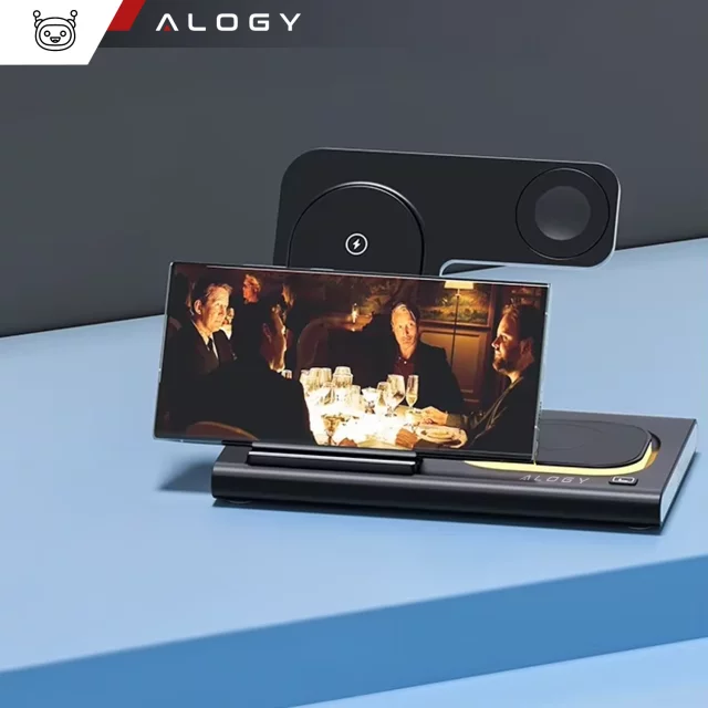 Mag Safe 3v1 Qi 18W bezdrátová indukční nabíječka pro iPhone, Apple Watch, stojánek nabíjecí stanice AirPods Alogy černá